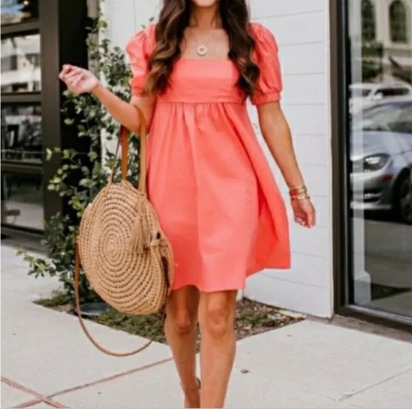 Wild Fable Peach Babydoll Puff Sleeve Dress Smocked Back Cottagecore Summer - Picture 2 of 8